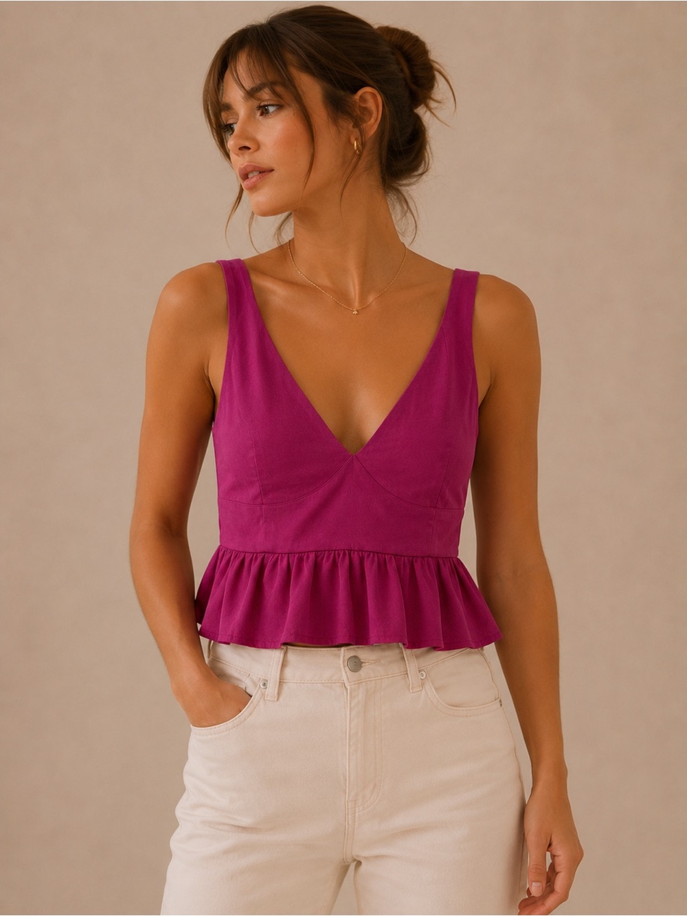 Lulus V-Neck Peplum Smocked Waist Crop Top in Magenta Size Small